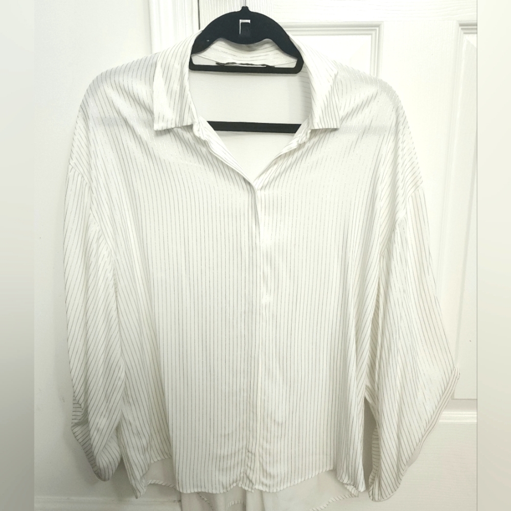 Zara Button Down Blouse with Convertible Sleeves in White with Silver Strips